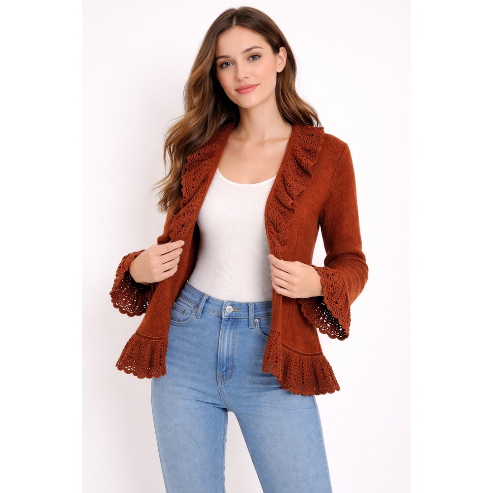 Vtg Lisa International Boiled Wool Blazer Jacket‎ M Crochet Ruffle V-Neck Brown - Picture 5 of 16